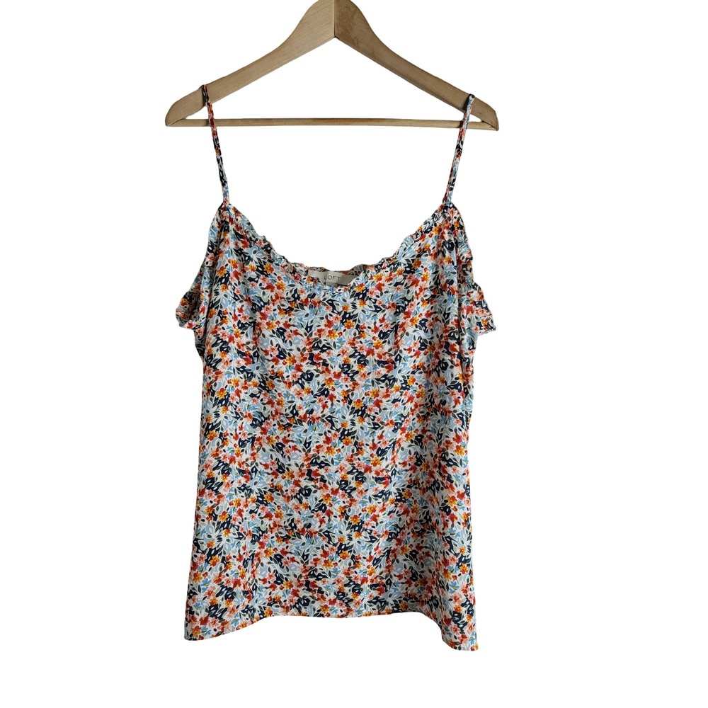 LOFT Floral Ruffle Neck Camisole Top XL Multi-Color Spaghetti Strap Resortwear